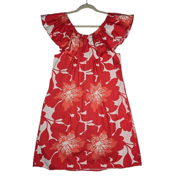 Robbie Bee Dress Womens Medium Red White Floral Ruffle Tropical Hawaiian Peasant - Picture 7 of 11
